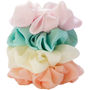 Stack of pastel colored chiffon scrunchies in peach, pale yellow, aqua, and light purple