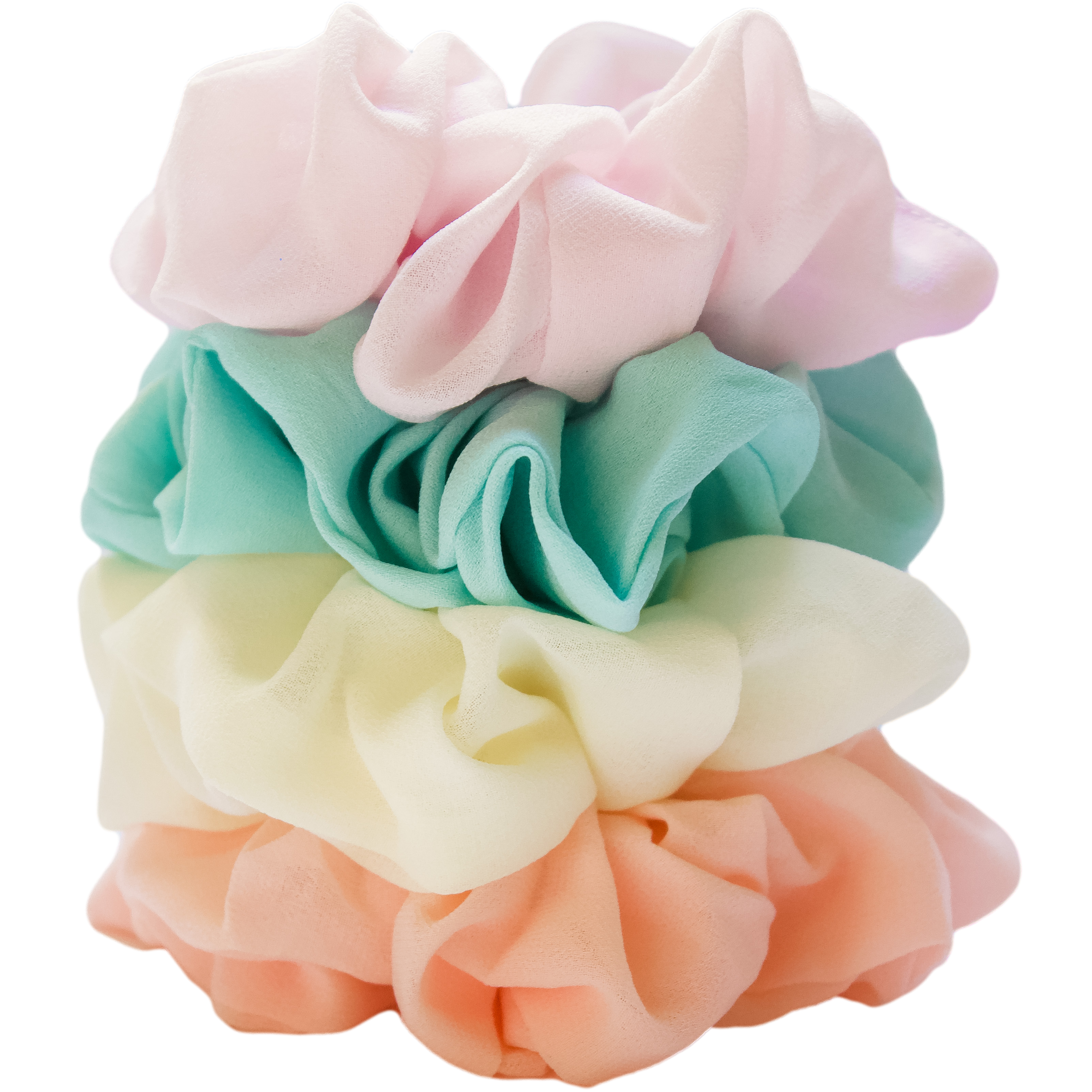 Stack of pastel colored chiffon scrunchies in peach, pale yellow, aqua, and light purple
