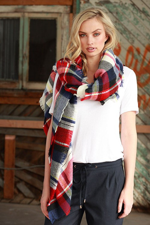 Warm and Toasty Blanket Scarf (Red, Blue, Yellow Plaid) - Babe Outfitters