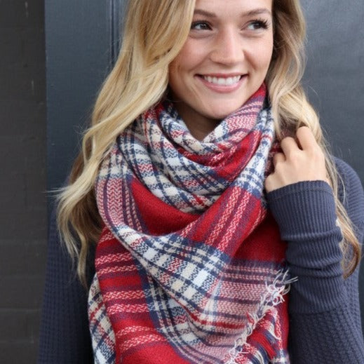 Cozy Up Blanket Scarf (Red, Cream & Blue Plaid) - Babe Outfitters