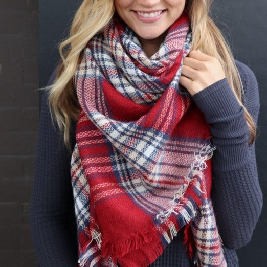Cozy Up Blanket Scarf (Red, Cream & Blue Plaid) - Babe Outfitters