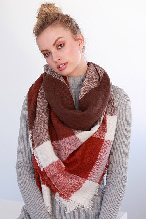 Autumn Warmth Blanket Scarf (Rust Color Block) - Babe Outfitters