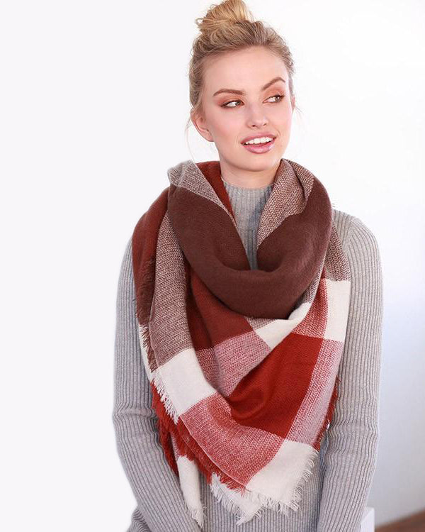 Autumn Warmth Blanket Scarf (Rust Color Block) - Babe Outfitters
