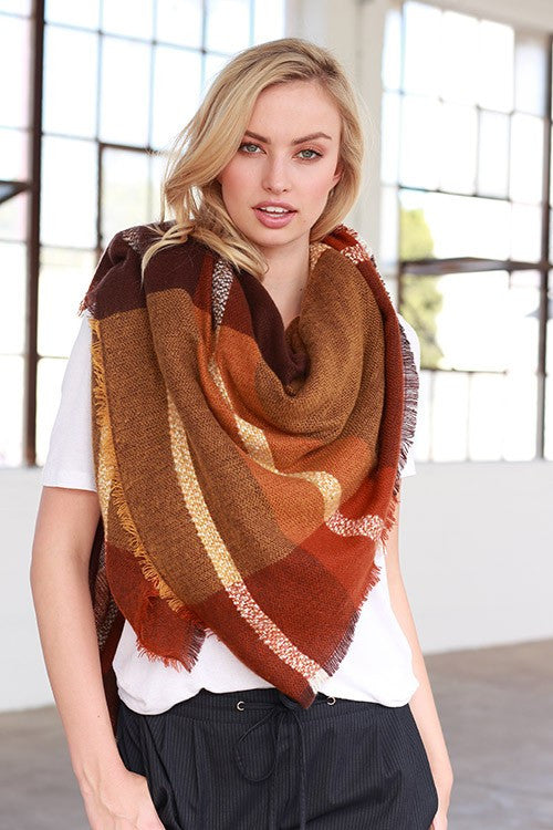 Autumn Feelings Blanket Scarf (Rust & Orange Color Block) - Babe Outfitters