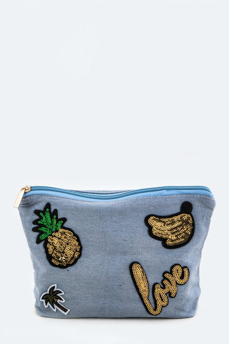 Denim Sequin Patch Zipper Pouch - Babe Outfitters