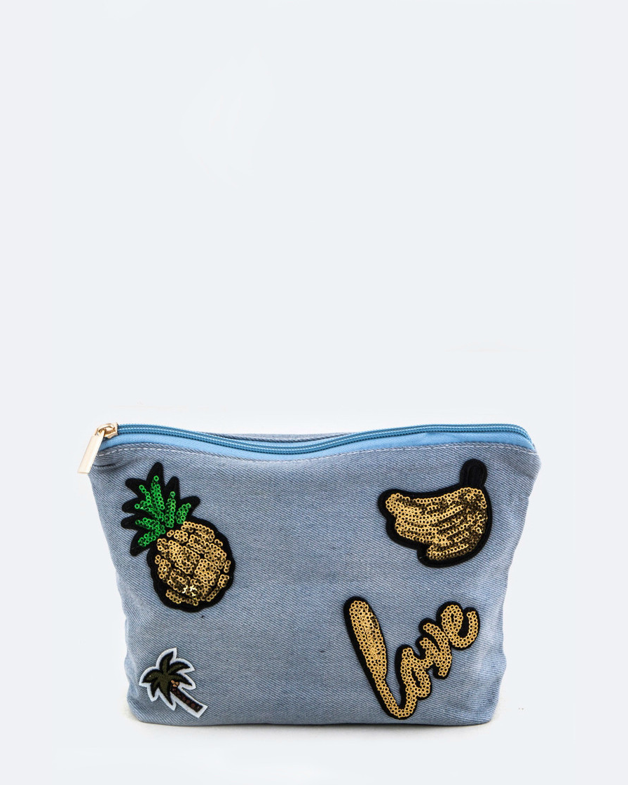 Denim Sequin Patch Zipper Pouch - Babe Outfitters