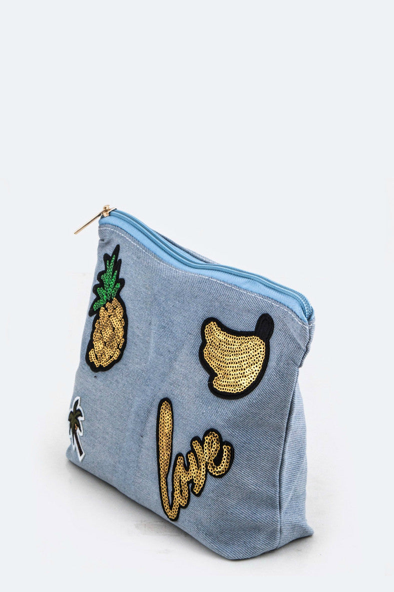 Denim Sequin Patch Zipper Pouch - Babe Outfitters