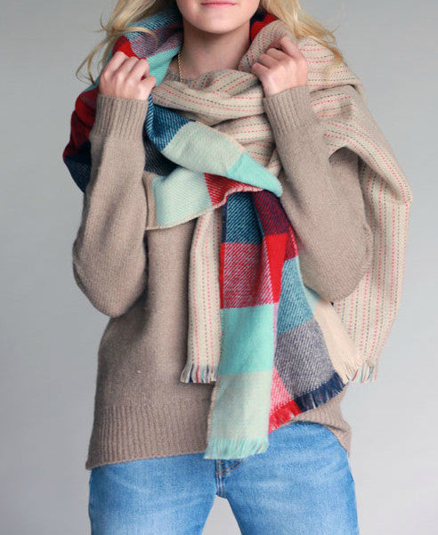 Wrap it Up Reversible Blanket Scarf (Mint Color Block & Stitched Stripe) - Babe Outfitters