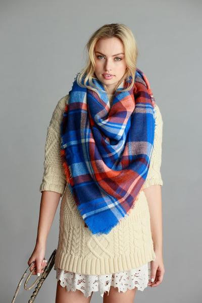 Cozy Nights Blanket Scarf (Cobalt Plaid) - Babe Outfitters