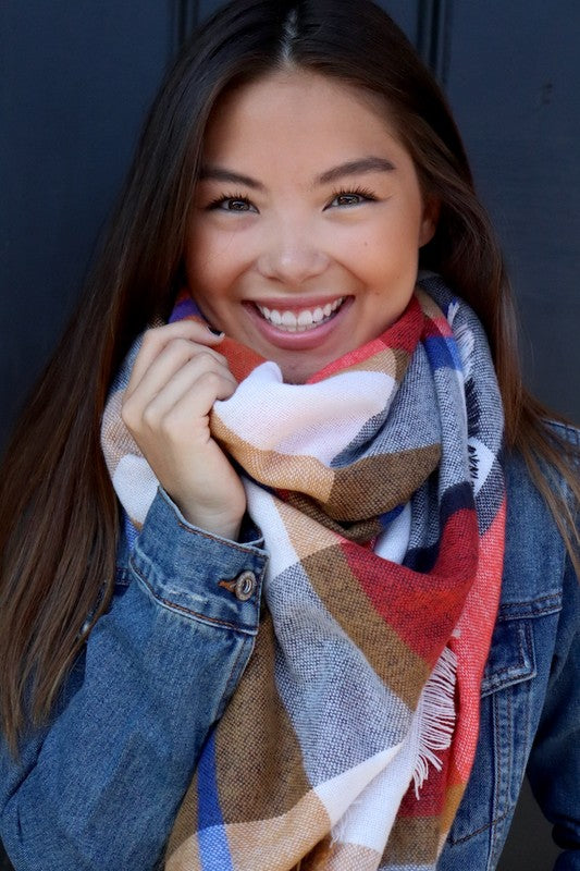 Autumn Hugs Blanket Scarf (Cream, Blue & Coral Plaid) - Babe Outfitters