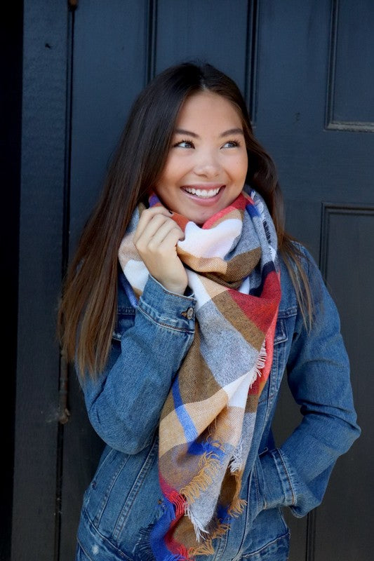 Autumn Hugs Blanket Scarf (Cream, Blue & Coral Plaid) - Babe Outfitters