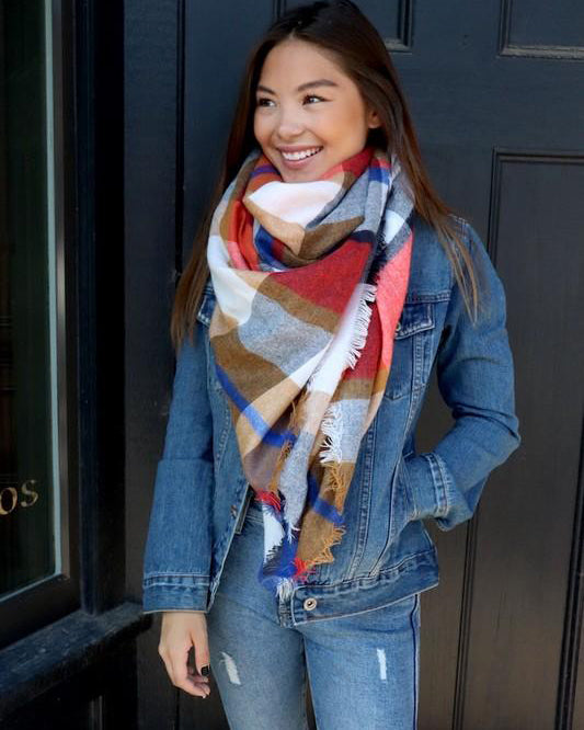 Autumn Hugs Blanket Scarf (Cream, Blue & Coral Plaid) - Babe Outfitters