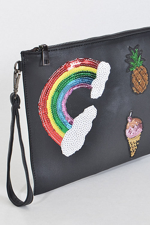 Sequin Patch Zipper Wristlet Clutch (Black) - Babe Outfitters