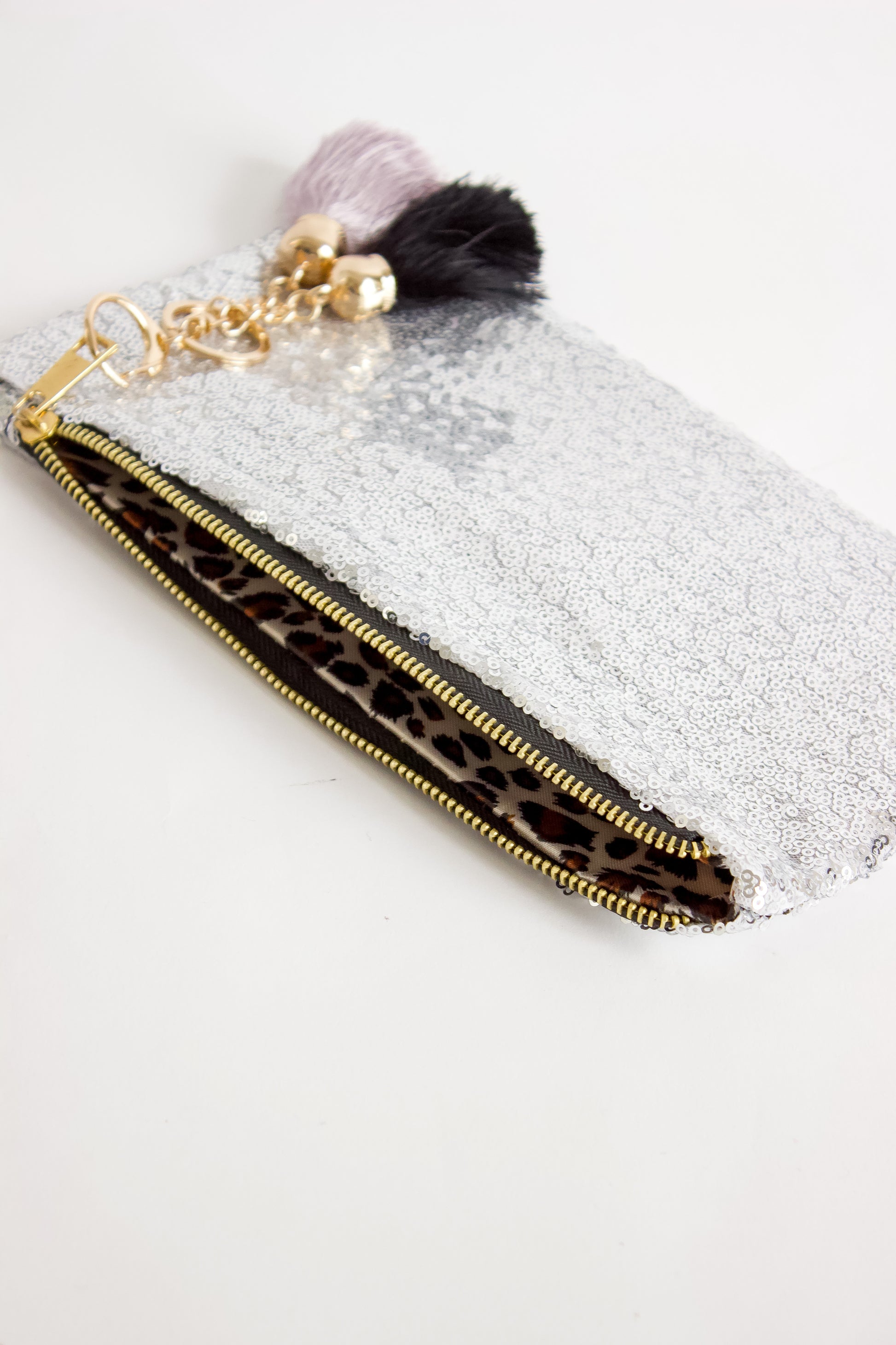 Silver Sequin Tassel Charm Zipper Pouch