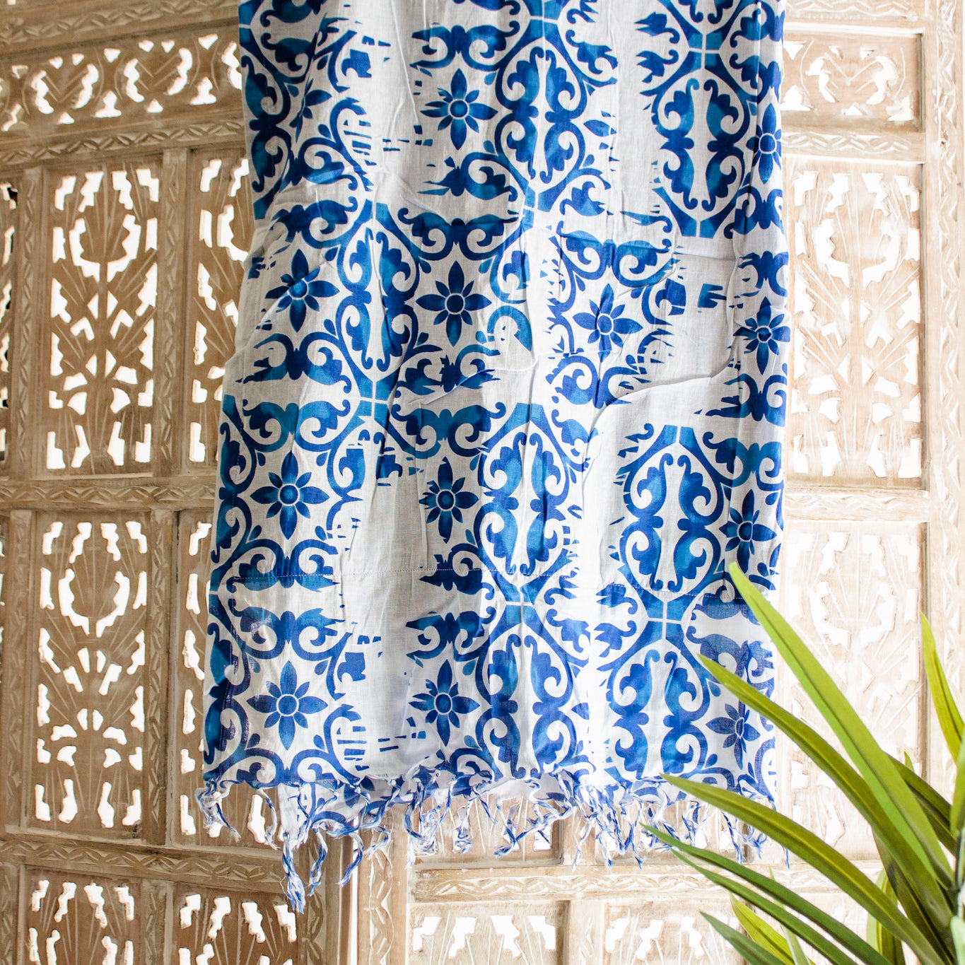 Indian Hand Block Printed Towel (Ocean Damask)