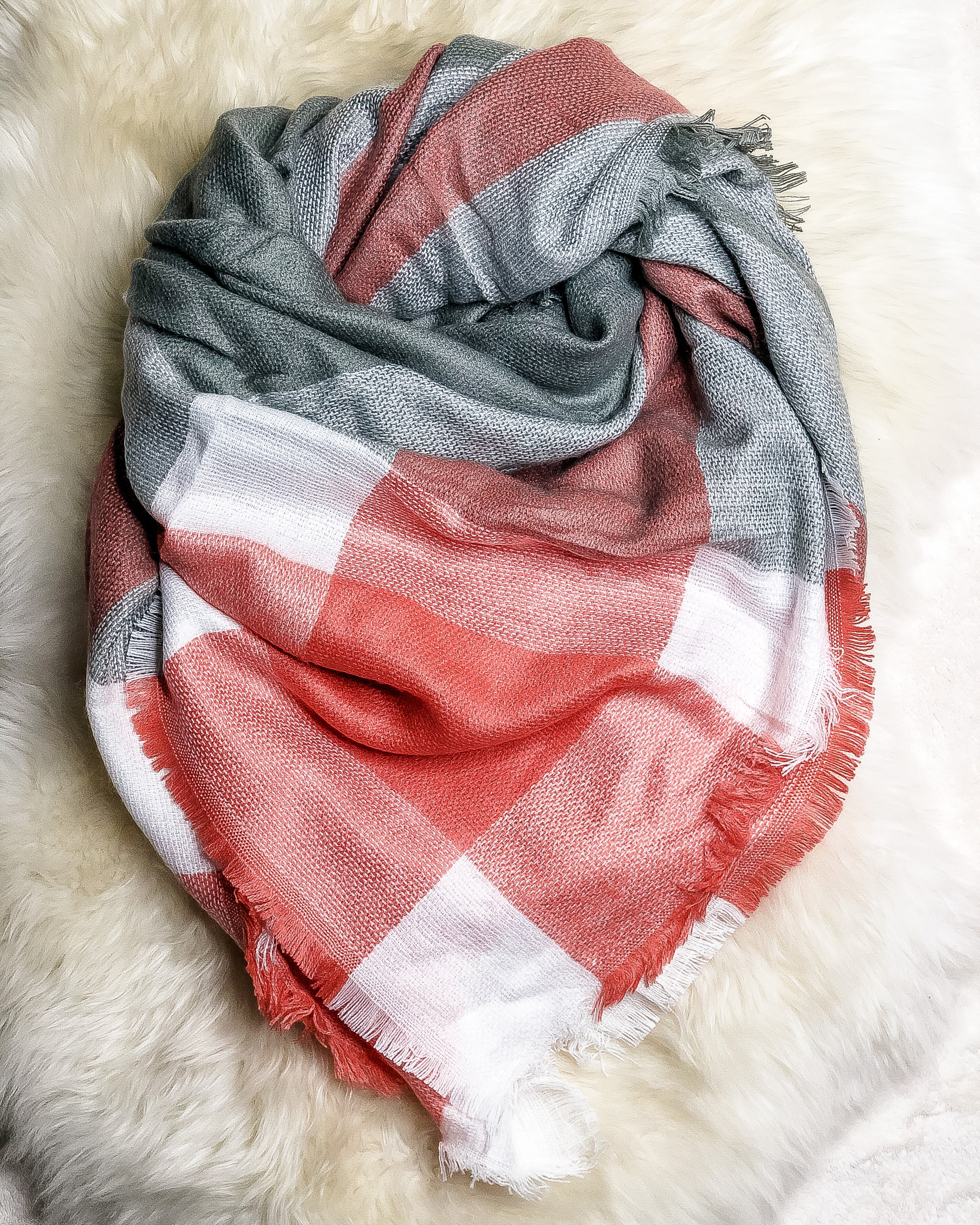 Roasting Marshmallows Blanket Scarf (Coral & Gray Color Block) - Babe Outfitters