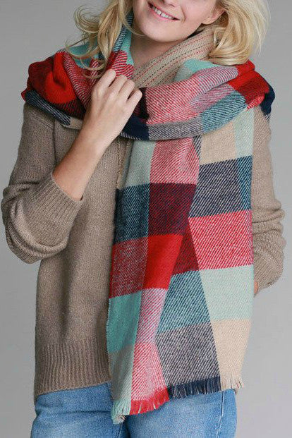 Wrap it Up Reversible Blanket Scarf (Mint Color Block & Stitched Stripe) - Babe Outfitters