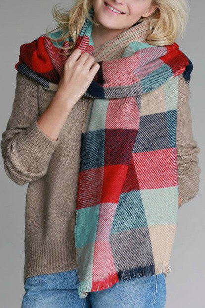Wrap it Up Reversible Blanket Scarf (Mint Color Block & Stitched Stripe) - Babe Outfitters