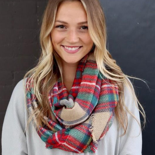Autumn Vibes Infinity Scarf (Tan Plaid) - Babe Outfitters
