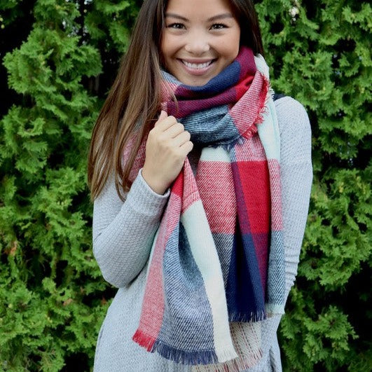 Wrap it Up Reversible Blanket Scarf (Mint Color Block & Stitched Stripe) - Babe Outfitters