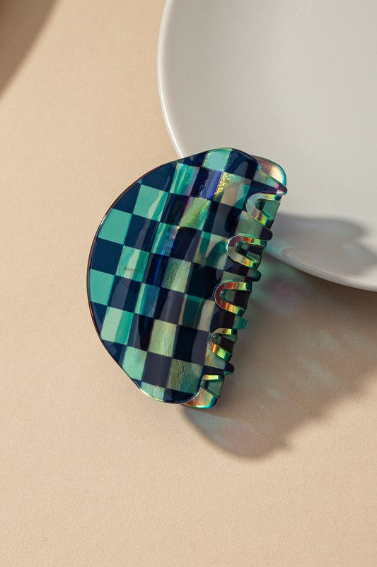 Charley Checkered Claw Hair Clip in Blue